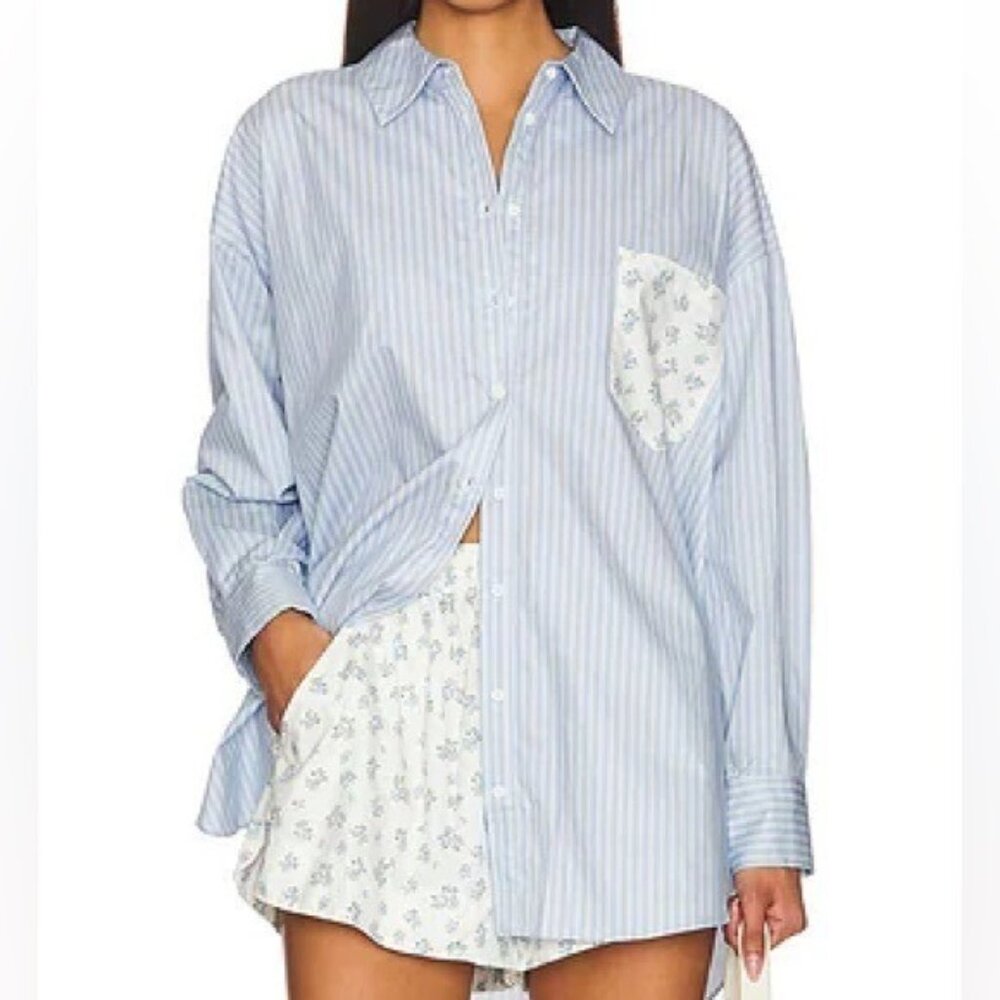 Striped Light Blue Button-Up Shirt with Printed Pocket - Women's Top
